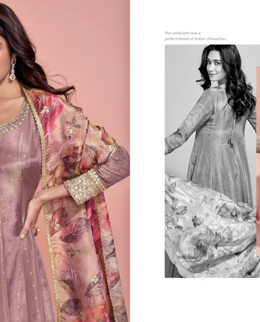 2025 - DULL MAUVE DESIGNER EMBROIDERED PURE JACQUARD SILK ANARKALI SUIT